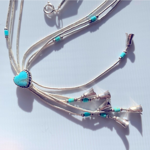 CAROLYN POLLACK 16-20" TURQUOISE SQUASH BLOSSOM LIQUID SILVER HEISHI NECKLACE - Picture 1 of 9
